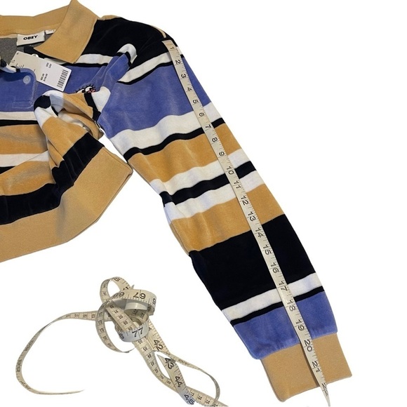 Obey Polo Shirt Velour Long Sleeves Striped Small Embroidered Cropped NWT - Picture 12 of 17